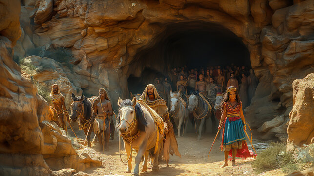 Ali Baba and the forty thieves enter the cave where their treasure is hidden, AI generated