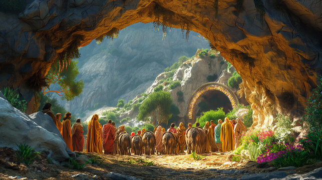 Ali Baba and the forty thieves enter the cave where their treasure is hidden, AI generated