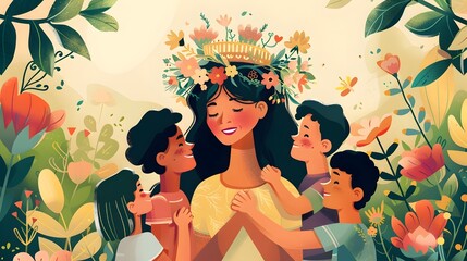 Vibrant Mother Crowned by Children as Queen of the Family - obrazy, fototapety, plakaty