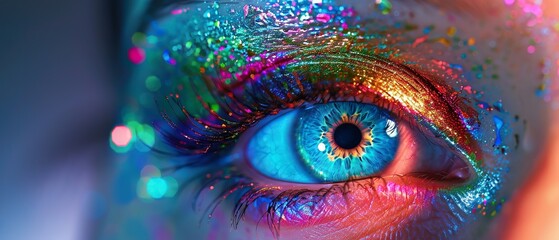 Vision spectrum, a radiant eye with colorful lashes for futuristic beauty ads