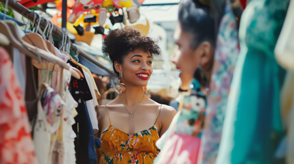 Obraz premium Fashionistas browse racks of eclectic clothing, their eyes alight with excitement as they discover unique pieces that speak to their individual styles, AI generated