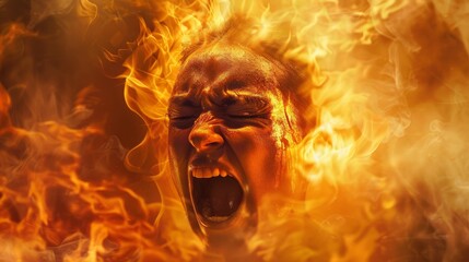 An anguished expression framed by flames, illustrating the scorching effect of heat, Fire element,