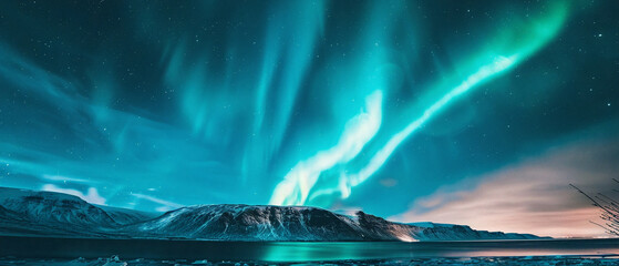 The night sky ablaze with vibrant colors as the northern lights swirl and dance above. - obrazy, fototapety, plakaty