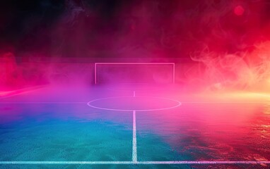 Illustrated Soccer Field Backdrop with Purple and Pink Neon Lights and Smoke, Space for Text - obrazy, fototapety, plakaty