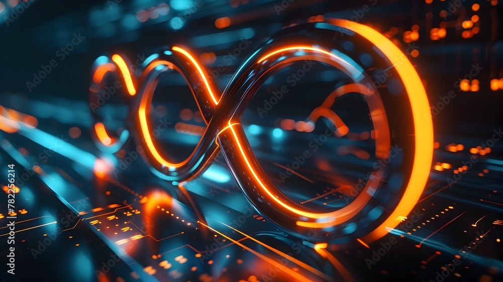 Poster glowing neon infinity symbol floating in dynamic digital space
