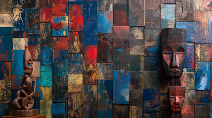 An eclectic backdrop emerges from the marriage of wooden artifacts and vibrant oil paints
