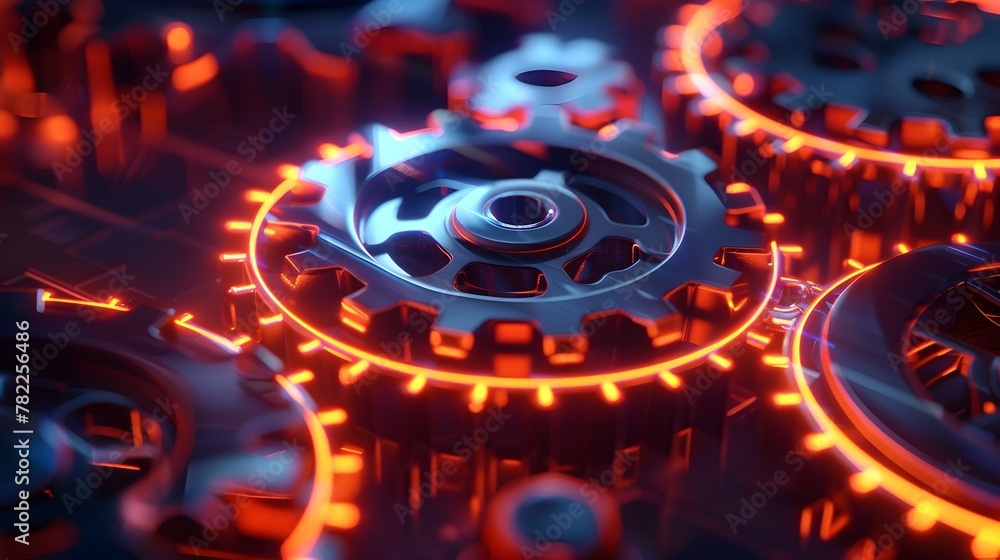 Poster seamless interconnected gears illuminated with vibrant neon lights,symbolizing efficient business an