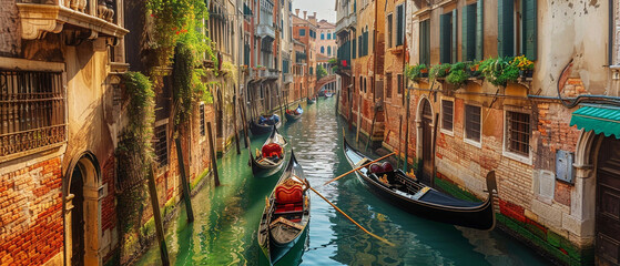 Gondolas gliding peacefully on picturesque Venice canal, buildings reflecting in calm water, under clear sky. - obrazy, fototapety, plakaty
