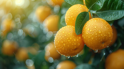 "Dewy Morning Oranges on Branch"
Sunlight filters through, illuminating raindrop-drenched oranges on a verdant branch.