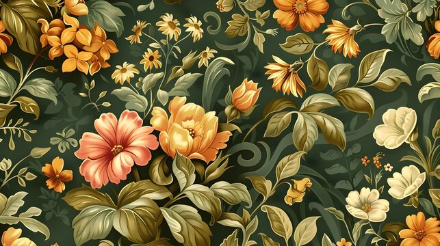Ornate Edwardian-Style Botanical Wallpaper with Lush Floral and Foliage Patterns in Vibrant,Detailed