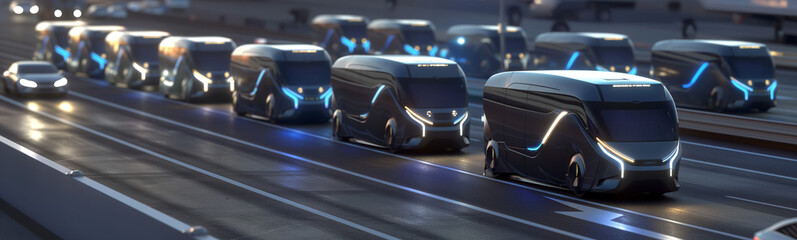 Fototapeta premium A convoy of autonomous electric trucks with blue accent lighting travels on a highway at dusk, showcasing advanced transportation technology