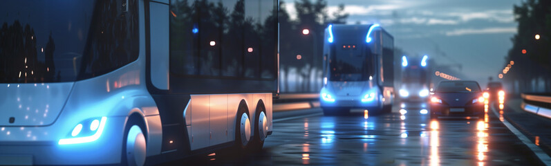 A mesmerizing 3D rendering of sleek electric buses and cars adorned with blue lights, cruising down a highway shrouded in evening light