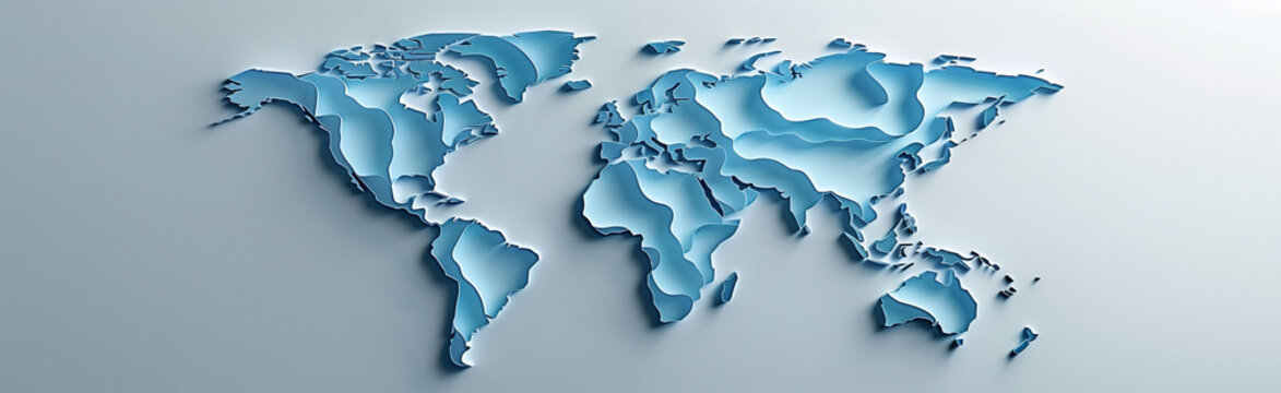 An elegant 3D paper cut art of the world map, with continents in varying shades of blue, casting soft shadows on a white background