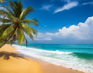 Fototapeten Strand mit blauen Meer und Palmen © oxie99