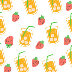 summer pattern with lemonade and strawberry, trendy cartoon background