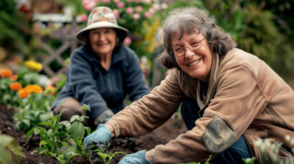 Joyful seniors cultivating beauty: a garden of happiness