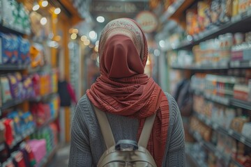 Selective focus, side view of a Muslim woman wearing a hijab in a supermarket - obrazy, fototapety, plakaty