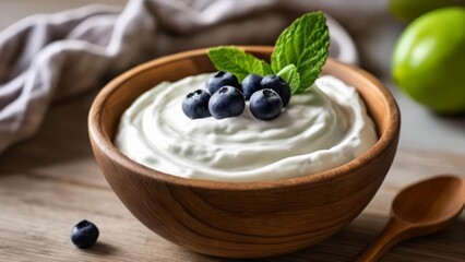  Delicious dessert with whipped cream and blueberries ready to be savored - obrazy, fototapety, plakaty