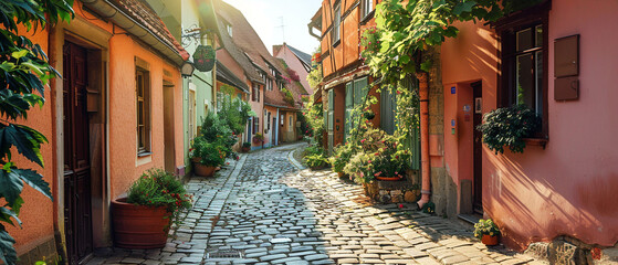 Idyllic cobblestone street lined with historic buildings in a quaint European town, lit by lanterns.