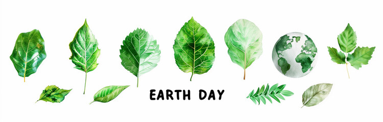 "earth day" written on white background with green leaves, 
