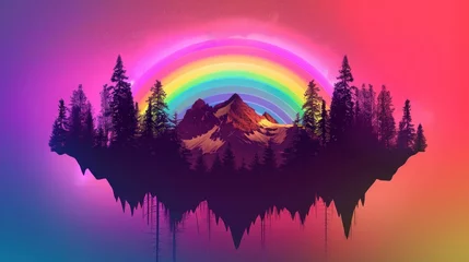 Fotobehang mountain with pine trees and a floating rainbow. neon retro concept,wallpaper,background © Marco
