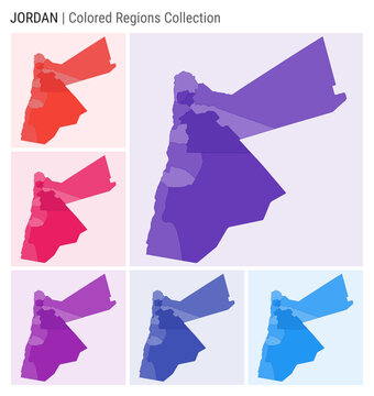 Jordan map collection. Country shape with colored regions. Deep Purple, Red, Pink, Purple, Indigo, Blue color palettes. Border of Jordan with provinces for your infographic. Vector illustration.