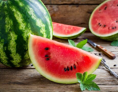 Wassermelone und St&uuml;cke auf Holzhintergrund 
