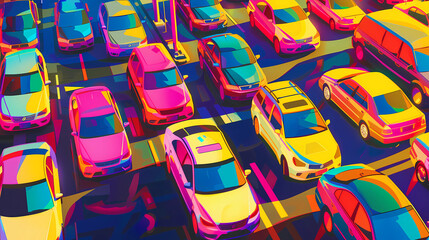 Colorful Illustration of vehicles and cars in busy traffic