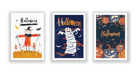 Set of 3 Halloween Card, Poster, hand drawn cute flyer. Postcard with letter 