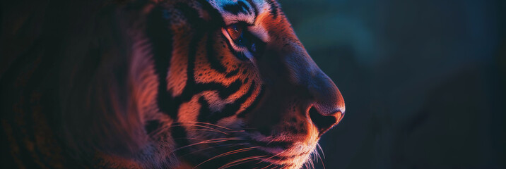 Majestic tiger gazing into the distance under ambient blue lighting, tigers profile is captured in a serene moment, its face illuminated by a soft blue light that accentuates the stripes and features