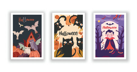 Set of 3 Halloween Card, Poster, hand drawn cute flyer. Postcard with letter "Halloween". Bats, Pumpkins, Zombies, Scarecrows, Witches... Background. Vector illustration