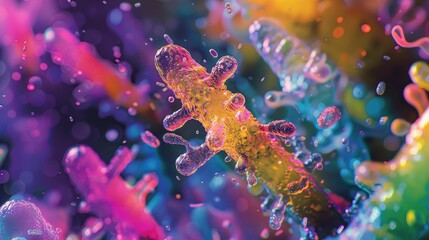 A close-up digital painting of lactobacillus under the microscope, rendered in vivid colors to highlight the beauty of beneficial bacteria - obrazy, fototapety, plakaty