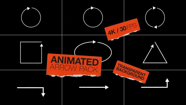 Animated arrow shapes motion graphic pack. 9 shapes including circle, square, triangle, and line arrows. Transparent background alpha channel, write on, sketch, hand drawn style, clockwise highlight