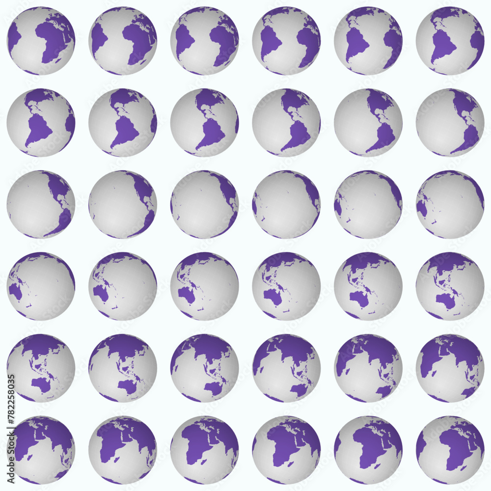 Poster collection of globes. tilted sphere view. rotation step 10 degrees. solid color style. world map wit