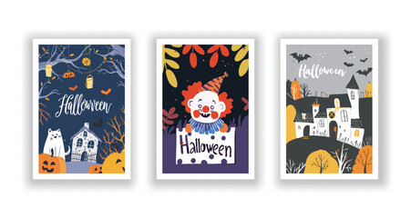 Set of 3 Halloween Card, Poster, hand drawn cute flyer. Postcard with letter "Halloween". Bats, Pumpkins, Zombies, Scarecrows, Witches... Background. Vector illustration