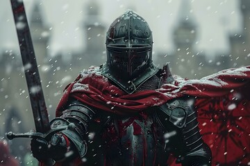 Valiant Knight Amidst Snowfall, Sword Aloft. Concept Fantasy Photoshoot, Winter Wonderland, Warrior Costume, Medieval Sword, Heroic Portrait - obrazy, fototapety, plakaty