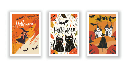Set of 3 Halloween Card, Poster, hand drawn cute flyer. Postcard with letter 