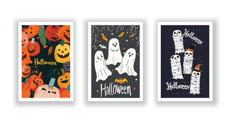 Set of 3 Halloween Card, Poster, hand drawn cute flyer. Postcard with letter "Halloween". Bats, Pumpkins, Zombies, Scarecrows, Witches. Background. Vector illustration