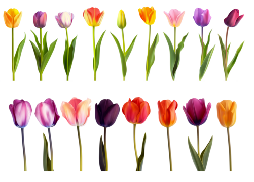 A collection of fresh natural yellow, pink, purple, and red tulip flowers isolated on transparent or white background. cutout png