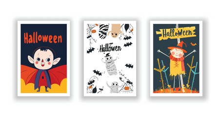 Set of 3 Halloween Card, Poster, hand drawn cute flyer. Postcard with letter "Halloween". Bats, Pumpkins, Zombies, Scarecrows, Witches. Background. Vector illustration