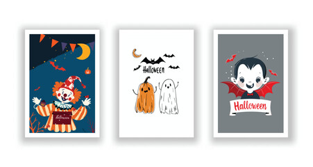 Set of 3 Halloween Card, Poster, hand drawn cute flyer. Postcard with letter 