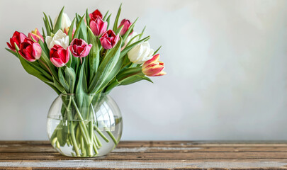 Beautiful fresh tulips bouquet in a transparent glass vase on a wooden table white wall background with a place for text. AI generative