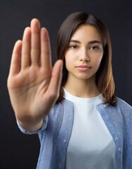Close up of woman showing stop gesture with hand raising up on black background, young female protesting against domestic violence and abuse, bullying, saying no to gender discrimination