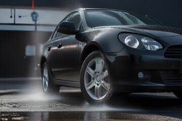 Car washing with foam and water. Washing a car with high pressure water at a professional car wash.