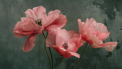 three pink flowers are in a green background,