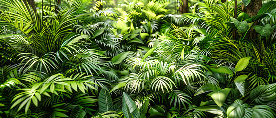 Lush Green Tropical Jungle Leaves, Exotic Rainforest Foliage, Vibrant Nature and Botany Background