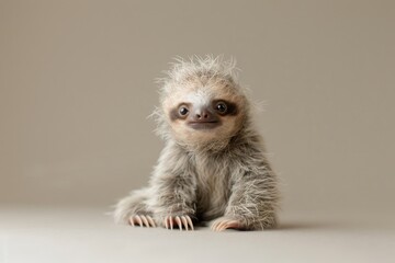 Naklejka premium A playful baby sloth with an inquisitive gaze, set against a simple background