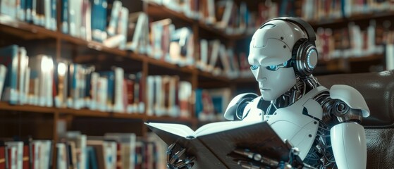 An AI robot reads in the library and holds an open book