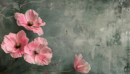 three pink flowers are in a green background,
