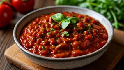 Fototapeten  Delicious bowl of tomato soup with basil ready to warm your soul © vivekFx